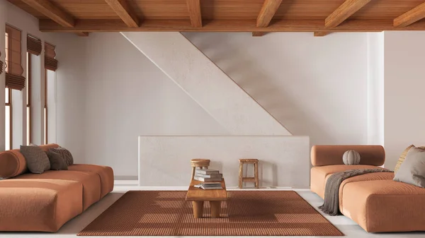 Minimal living room in white and orange tones with wooden beams ceiling. Sofa with coffee table and staircase. Japandi mediterranean interior design