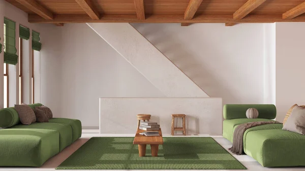 木製のビーム天井の白と緑のトーンで最小限のリビングルーム コーヒーテーブルと階段が付いているソファー 日本地中海のインテリアデザイン — ストック写真