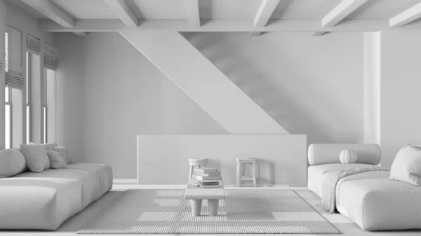 木製の梁の天井が付いている総白いプロジェクトの草案 最低のリビング ルーム コーヒーテーブルと階段が付いているソファー 日本地中海のインテリアデザイン — ストック写真