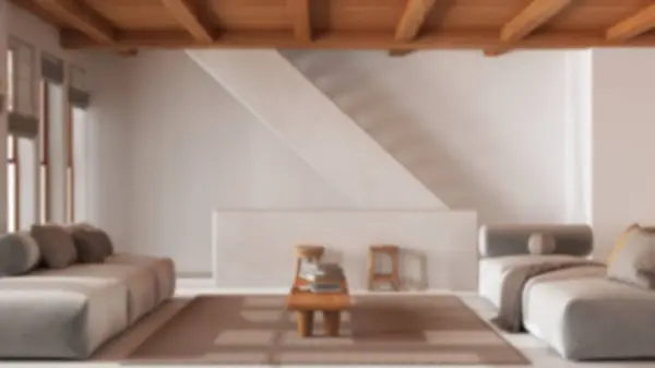Unscharfer Hintergrund Minimalistisches Wohnzimmer Mit Holzbalkendecke Sofa Mit Couchtisch Und — Stockfoto