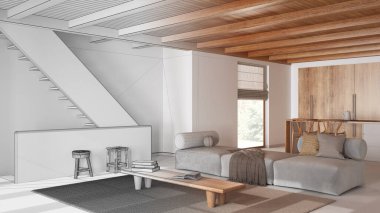 Mimar iç mimar konsepti: elle çizilmiş tamamlanmamış taslak proje gerçek, minimal modern ahşap oturma odası, yemek odası ve mutfak haline geliyor. Reçine zemin, lüks tarzı.