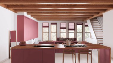 Minimum modern ahşap mutfak ve yemek odası, beyaz ve kırmızı tonlarda merdiven ve kanepe olan oturma odası. Zemin ve kiriş tavanı reçine. Lüks iç tasarım