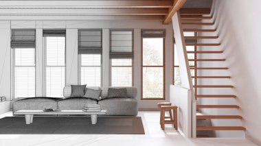 Mimari iç mimar konsepti: elle çizilmiş tamamlanmamış proje, ahşap kirişleri tavan ve pencereleri olan asgari oturma odası haline geliyor. Modern Akdeniz tarzı