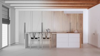 Mimari iç mimar konsepti: ahşap kirişler tavan ve pencereli asgari mutfak haline gelen elle çizilmiş tamamlanmamış proje. Modern biçim