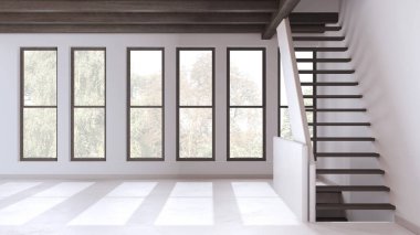 Boş oda iç tasarımı, reçine zemin, pencere ve beyaz duvarlı açık alan, koyu tahta kirişler tavan ve merdiven, minimal modern mimari konsept fikri.