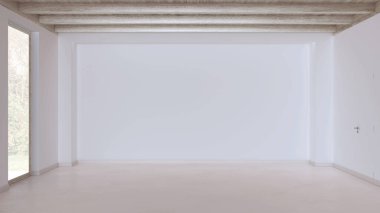 Boş oda iç tasarımı, reçineli zemin, pencere ve beyaz duvarlı açık alan, ağarmış ahşap kirişler tavan, minimum modern mimari konsepti.