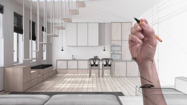 El çizimi modern oda, asgari mutfak ve merdivenli yemek adası. Tamamlanmamış proje mimarisi iç tasarım