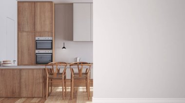 Ön planda adası olan en az mutfak ve yemek odası, iç mimari fikri, fotokopi alanı kavramı, boş arkaplan, şablon, maket