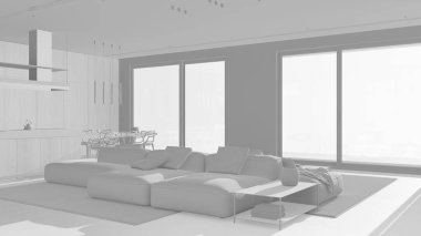 Tamamen beyaz proje taslağı, minimum modern ahşap mutfak ve oturma odası. Koltuk, sandalyeli ve panoramik pencereli ada. Lüks iç tasarım