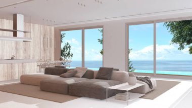 Minimum modern beyazlatılmış ahşap mutfak ve beyaz ve bej tonlarda oturma odası. Kanepe, ada ve sonsuz havuzu ve deniz manzarası olan panoramik pencere. Lüks iç tasarım