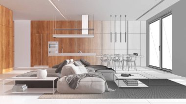 Mimari iç mimar konsepti: elle çizilmiş tamamlanmamış proje gerçek, yemek adası ve oturma odası olan asgari ahşap mutfak haline geliyor. Modern biçim