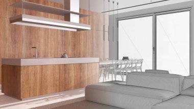 Mimar iç mimar konsepti: elle çizilmiş tamamlanmamış proje gerçek, minimal modern ahşap mutfak ve yemek odası, kanepeli oturma odası haline geliyor. Lüks stil
