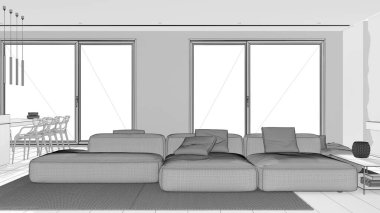 Tamamlanmamış proje taslağı, beyaz ve yeşil tonlarda kadife koltuklu minimal modern panoramik oturma odası. Reçine zemin, halı ve pencereler. Lüks iç tasarım
