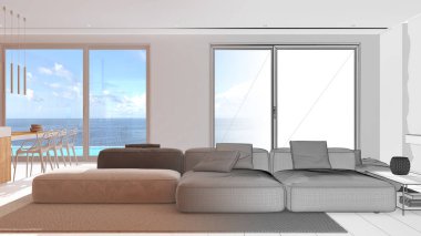 Mimar iç mimar konsepti: elle çizilmiş tamamlanmamış proje gerçek, kadife kanepeli asgari modern panoramik oturma odası haline geliyor. Lüks stil