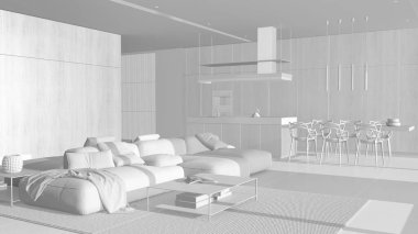 Tamamen beyaz proje taslağı, minimum modern ahşap mutfak ve oturma odası. Kadife kanepe, sandalyeli, halılı, eşyalı ve dekorlu yemek adası. Lüks iç tasarım