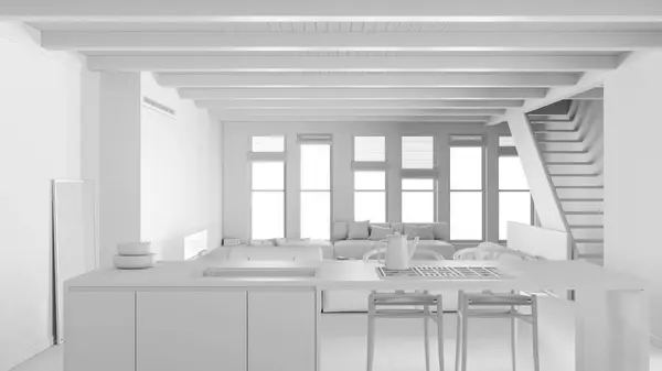 全白色的项目草案 最小的现代木制厨房和餐厅 客厅与沙发和楼梯 树脂地板和横梁天花板 豪华室内设计 — 图库照片