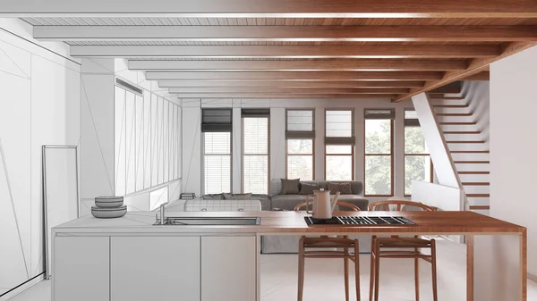 建築家インテリアデザイナーのコンセプト 手描きの未完成のプロジェクトは ソファーと階段付きのリビングルーム リアル ミニマルなキッチン ダイニングルームになります ラグジュアリースタイル — ストック写真