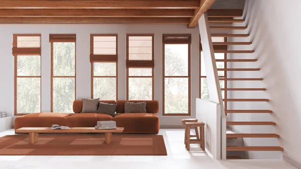 木製のビームと窓が付いている白とオレンジ色のリビングルーム コーヒーテーブルと階段が付いているソファー モダンな地中海のインテリアデザイン — ストック写真