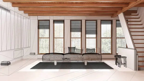 有树脂地板 木梁天花板 定制建筑设计项目 黑色墨水草图 带沙发和楼梯的客厅平面图的空白白色内饰 — 图库照片