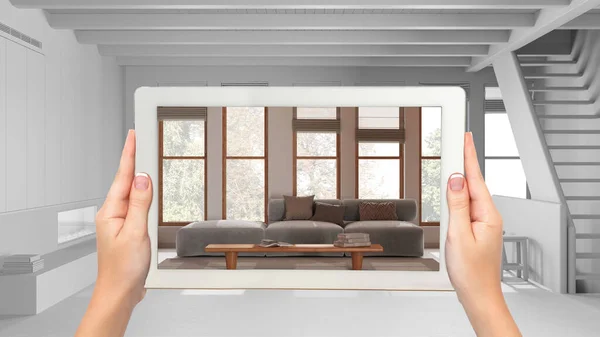 Augmented Reality Konzept Tablet Mit Anwendung Zur Simulation Von Möbeln — Stockfoto