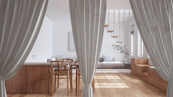 Witte Openingen Gordijnen Overlay Eetkamer Interieur Ontwerp Achtergrond Vooraanzicht Clipping — Stockfoto