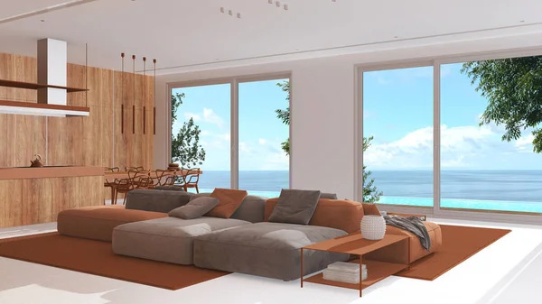 Minimal Modern Wooden Kitchen Living Room White Orange Tones Sofa — Stock Photo, Image