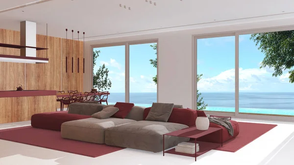 最小限のモダンな木製キッチンと白と赤のトーンでリビングルーム 無限のプールと海の景色を持つ椅子とパノラマウィンドウを持つソファー ラグジュアリーインテリアデザイン — ストック写真
