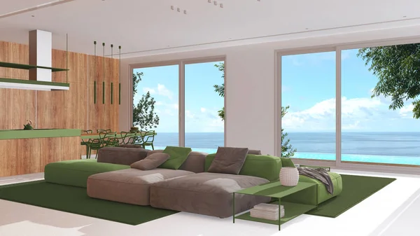 最小的现代木制厨房和客厅的白色和绿色色调 索法岛 有椅子和全景窗 有无限的游泳池和海景 豪华室内设计 — 图库照片