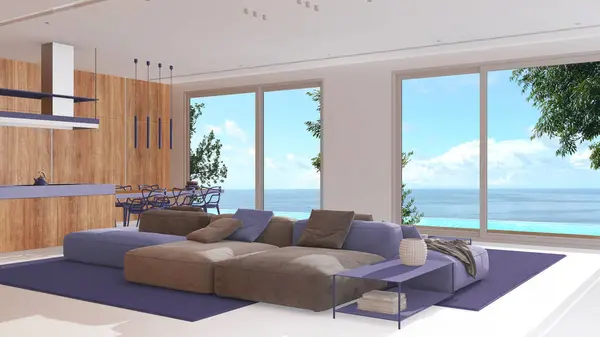 最小限のモダンな木製キッチンと白と紫色のトーンでリビングルーム 無限のプールと海の景色を持つ椅子とパノラマウィンドウを持つソファー ラグジュアリーインテリアデザイン — ストック写真