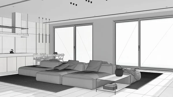 ブループリントの未完成のプロジェクトドラフト モダンな木製キッチン リビングルーム ソファー 椅子とパノラマウィンドウを持つ島 ラグジュアリーインテリアデザイン — ストック写真