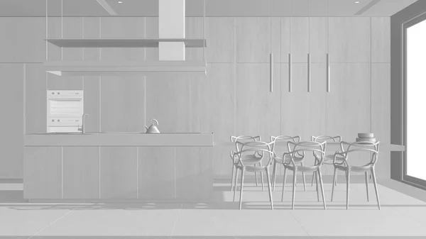 Celkový Bílý Projekt Návrh Minimální Kuchyň Skříněmi Ostrov Židlemi Panoramatické — Stock fotografie