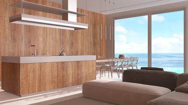 Minimal Modern Wooden Kitchen Dining Room Living Room Sofa White — Stock Photo, Image