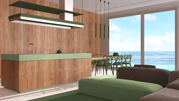 Minimal Modern Wooden Kitchen Dining Room Living Room Sofa White — Stock Photo, Image