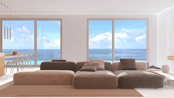 Minimum Modern Panoramik Oturma Odası Beyaz Bej Tonlarda Kadife Kanepe — Stok fotoğraf