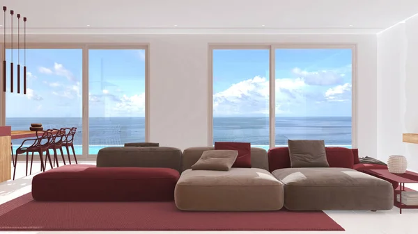 Minimal Modern Panoramic Living Room Velvet Sofa White Red Tones — Stock Photo, Image