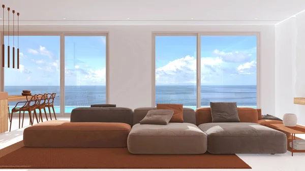 Minimal modern panoramic living room with velvet sofa in white and over tones. Resin floor, carpet and windows over sea landscape. Luxury interior design