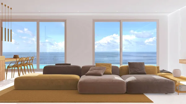 Minimal Modern Panoramic Living Room Velvet Sofa White Yellow Tones — Stock Photo, Image
