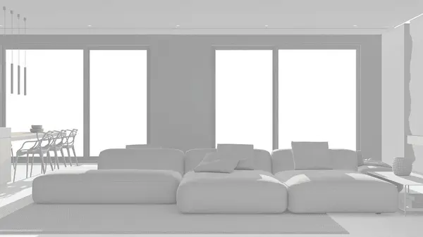 全白色的项目草案 最小的现代全景客厅与天鹅绒沙发在白色和绿色色调 树脂地板 地毯和窗户 豪华室内设计 — 图库照片