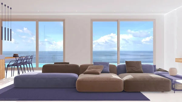 Minimal Modern Panoramic Living Room Velvet Sofa White Purple Tones — Stock Photo, Image