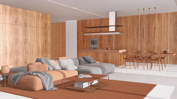 Minimal Moderne Holzküche Und Wohnzimmer Weiß Und Orangetönen Samtsofa Essinsel — Stockfoto