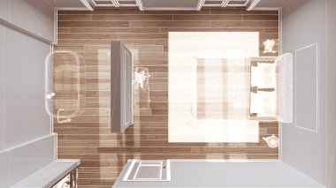 Parke zeminli boş beyaz iç döşeme, özel mimari tasarım projesi, beyaz mürekkep çizimi, minimal banyo ve yatak odasını gösteren plan, japandi iç tasarımı, üst görünüm