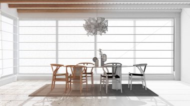 Mimar iç mimar konsepti: elle çizilmiş tamamlanmamış taslak proje gerçek, en az modern masa ve sandalyeli ahşap yemek odası haline geliyor. Tavan kirişleri. Zarif stil