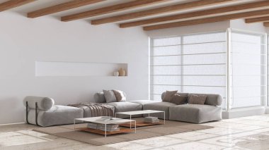 Minimum modern ahşap oturma odası, kanepe ve masa beyaz ve bej tonlarda. Kireçtaşı mermer zemin ve kirişler tavan. Japandi iç tasarımı