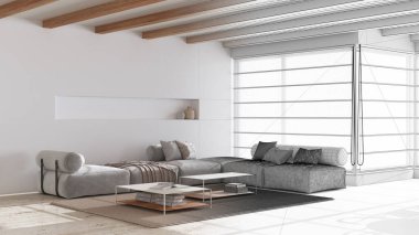 Mimari iç mimar konsepti: elle çizilmiş, tamamlanmamış proje gerçek, minimum, kanepe ve masa ile modern ahşap oturma odası haline geliyor. Japon stili.