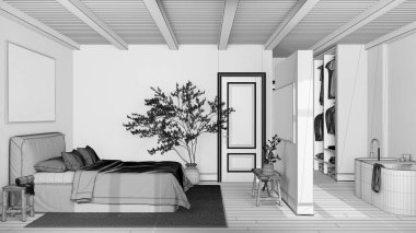 Tamamlanmamış proje taslağı, İskandinav İskandinav ahşap yatak odası ve banyo. Çift kişilik yatak ve küvet, dolapta yürümek. Parke ve kiriş tavanı. En düşük iç tasarım