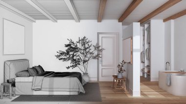 Mimari iç mimar konsepti: elle çizilmiş, tamamlanmamış, İskandinav İskandinav tahta yatak odası ve banyosu haline gelen proje. Asgari biçim