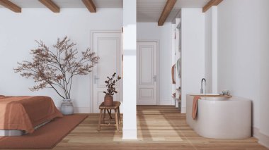 Minimalist İskandinav ahşap yatak odası ve beyaz ve turuncu tonlarda banyo. Yatak, küvet ve gömme dolap. Parke ve kiriş tavanı. İskandinav iç tasarımı