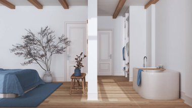 Minimalist İskandinav ahşap yatak odası ve beyaz ve mavi tonlarda banyo. Yatak, küvet ve gömme dolap. Parke ve kiriş tavanı. İskandinav iç tasarımı