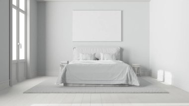 Tamamen beyaz proje taslağı, İskandinav İskandinav tahta yatak odası. Çift kişilik yatak, sehpa ve halı. Parke zemin ve kirişler tavan. Modern iç tasarım