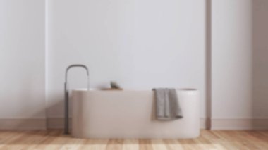 Bulanık arka plan, minimalist İskandinav ahşap banyo. Serbest banyo küveti, duvar kağıdı ve dekorlar. İskandinav iç tasarımı